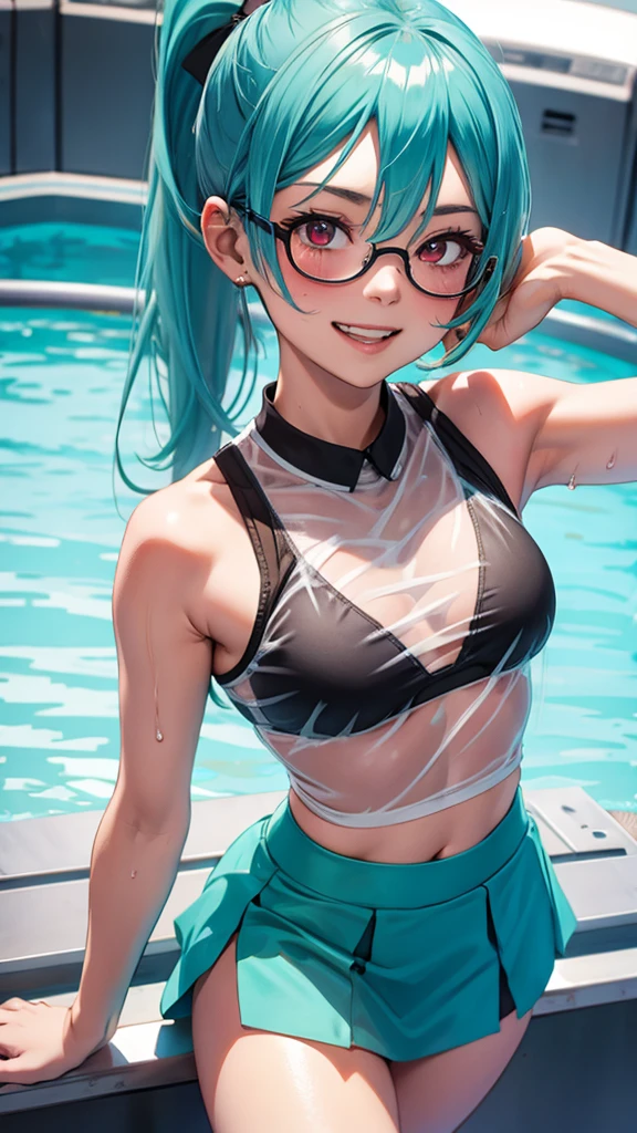 High leg white swimsuit、small tits、eye glasses、poneyTail、green colored hair、Wet and see-through