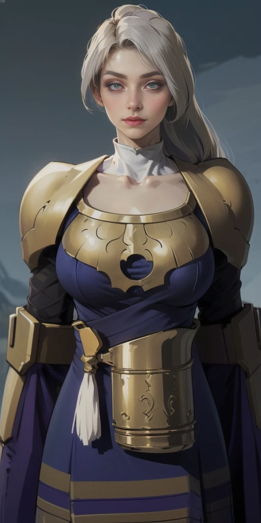 (chest covered)(smile)Gray skin, pale golden hair and violet eyes. They prefer clothing of white and silver with cloaks of deep blue or purple,village background, huge_knockers, ((very precise detailed)), ((highres)