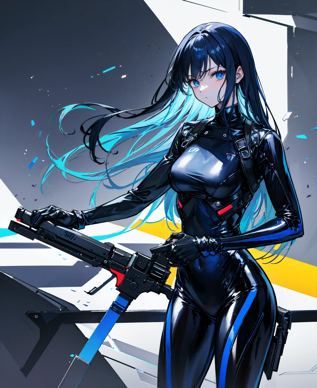 There is no background,,Carry a firearm,Patent leather tight suit,Use of firearms,Navy blue long hair,attention arousal,Blue colored eyes,No gradients