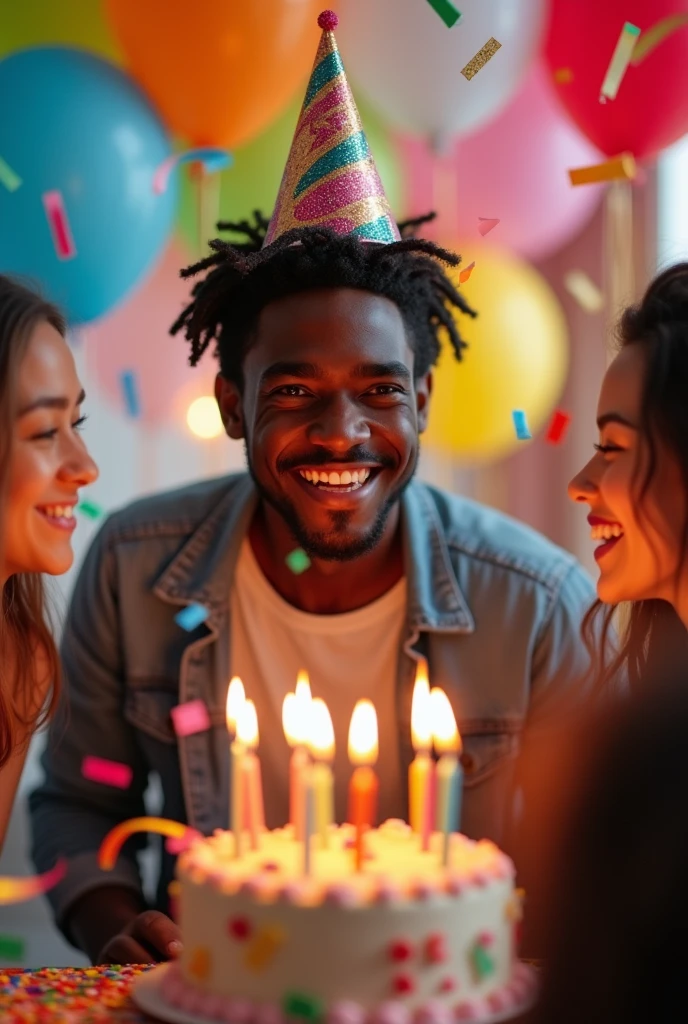 Young dark-skinned man with balloons blowing up a cake and wearing a hat on his head
