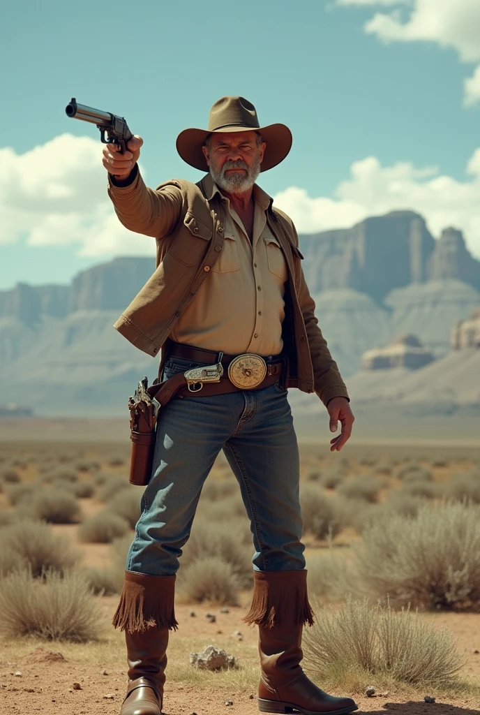 60 year Old man wearing cowboy outfit with the hat, he aiming his double barrel shotgun he have two revolver on his hop in the holster, he have a short beard
