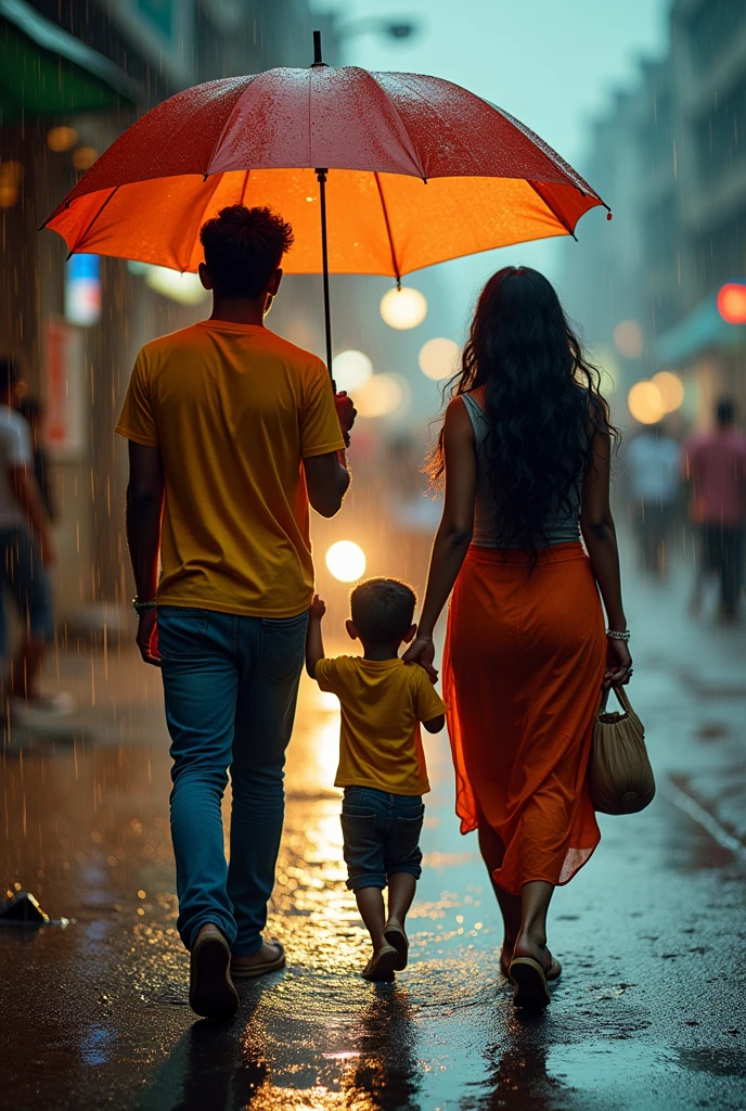 A boy age 27 from south india in andhrapradesh he wore a tshirt and jeans. A girl age 25 from north india in mumbai she wore western wear and looks very stylish and very active. Both of them are friends. they are walking in rain having umbrella they saw a small boy. The small boy wore a sack. They given their umbrella to that small boy. intricate detailed portrait of a beautiful woman, photorealistic, highly detailed face, piercing eyes, lush hair, detailed skin texture, sharp focus, vibrant colors, dramatic lighting, cinematic composition, hyper realistic, 8k, masterpiece, stunning beauty, flawless skin, elegant pose, chiaroscuro lighting, dramatic shadows and highlights, glowing skin, detailed jewelry, intricate hair, glossy lips, realistic pores and freckles”Realistic, intricate details, vibrant colours.