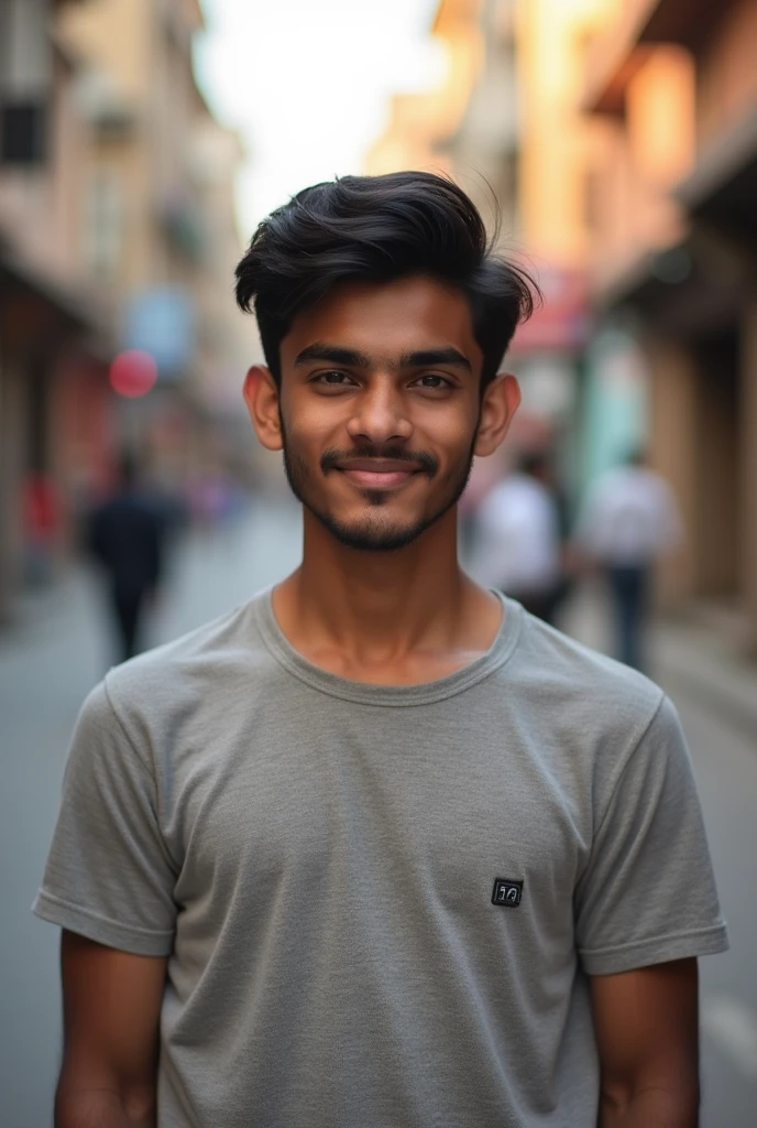 a 22 year old indian boy wearing plain wollen tshirt facing towards camera , without beard, black hair , photo clicked by iphone 15pro