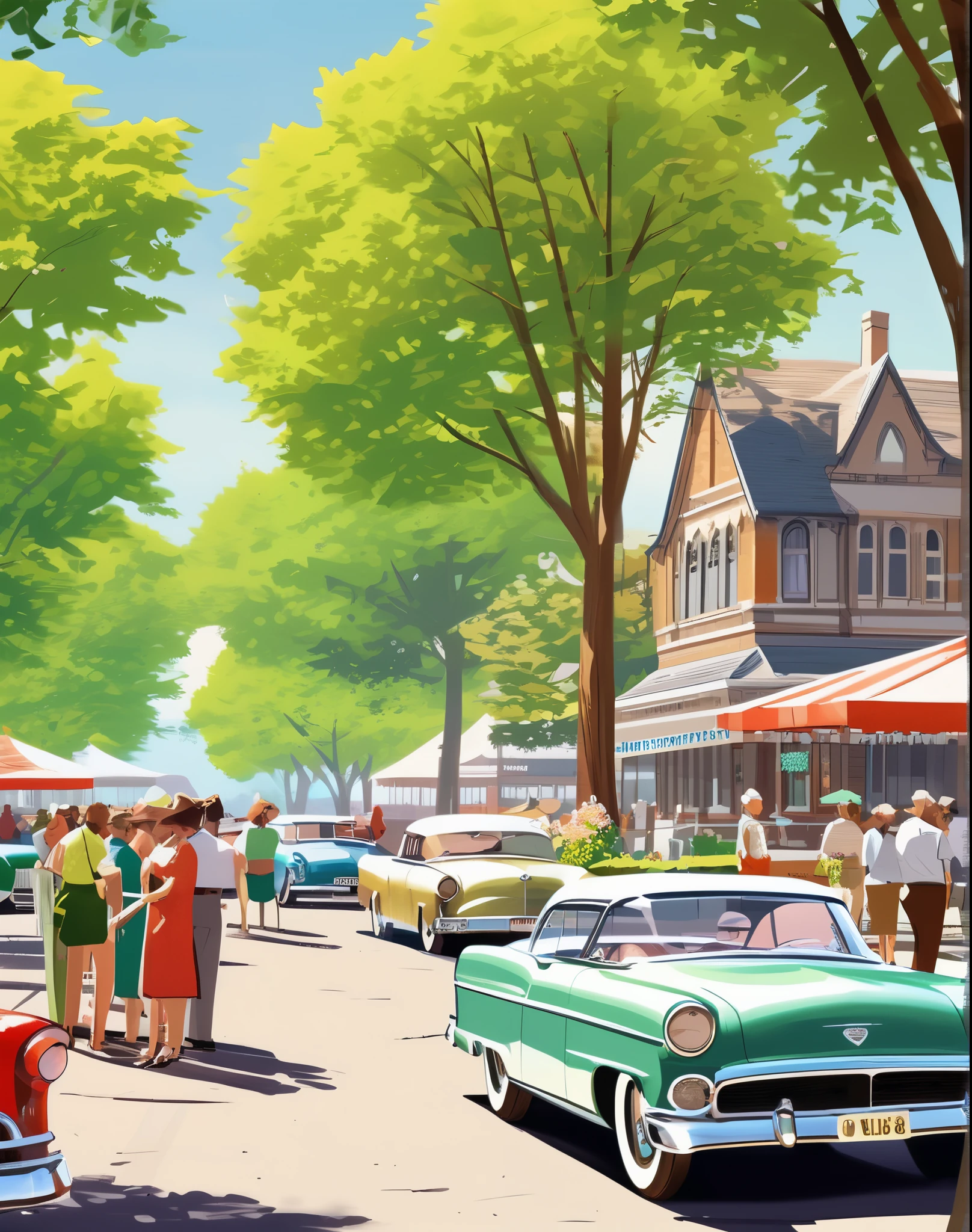 A classic car show set in the 1960s. Vintage cars in pristine condition line a sunny, tree-lined street. Spectators in period-appropriate attire admire the vehicles, and a retro diner sits in the background