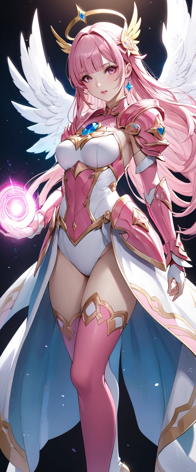 (Perfect Anatomy)、Mastepiece、Ultra High Quality、 8k、masterpiece、Highest quality、Ultra-high resolution、Maximum resolution、Very detailed、Professional Lighting、anime、woman、thin、so beautiful、Highly detailed eye、Highly detailed face、Golden earrings、Pink Hair,、Pink eyes、Detailed costume patterns、Mid-chest、Blue jewel on chest, makeup, eyeliner, eye shadow, pink cheek, pink lips, upper arm pink armor, white leotard, pink pattern, full body, magical girl, Angel Girl, Are standing, pink thigh high stockings, white super long boots, pink gauntlet, high heels, blunt bangs, Hime cut, bridal hair accessory, paladin robe, Cloaked in a rainbow-colored light, Gathering energy in hands, enraged, Random Pause、Beautiful attention to detail