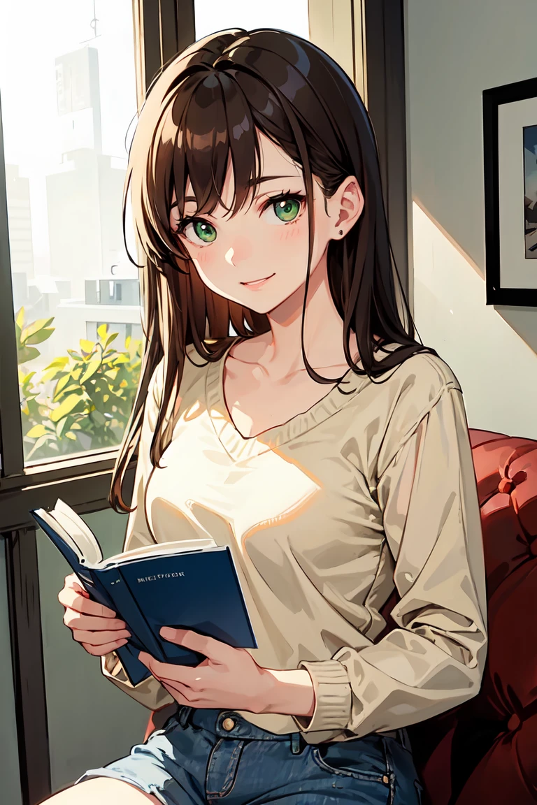 masterpiece, Highest quality, Very detailed), Portrait of an 18 year old woman with light brown hair, Green round eyes, Beige blouse and blue jeans、Smiling Blue Shorts、Reading the Brown Book - Auto Ultrarealistic -  