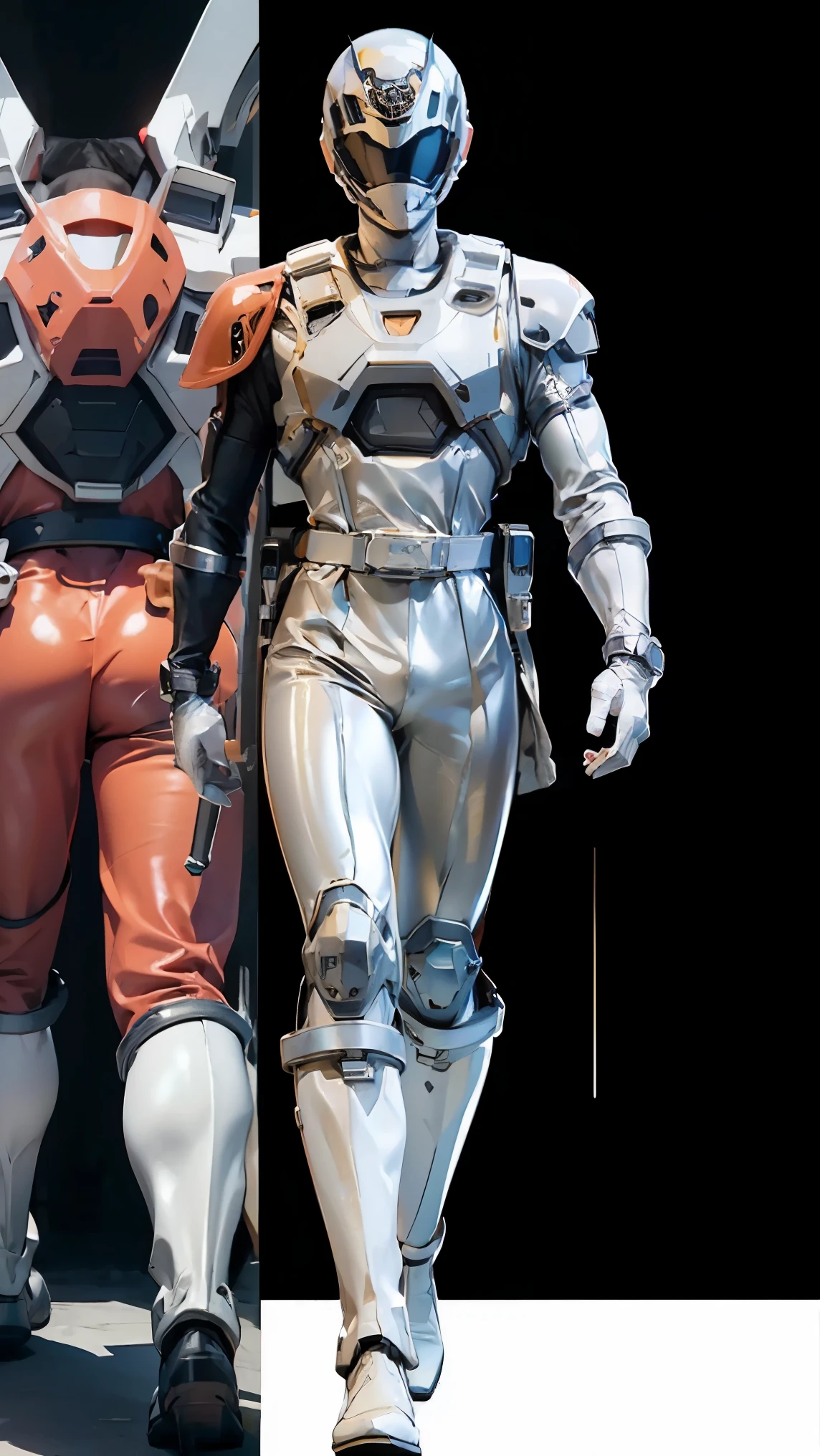 1boy, full body, Illustration, cinematic light, high resolution, best quality, ultra detailed, masterpiece, power suit, powerranger, suit, spd, (silver royal guard ranger suit), gold detail, (((white suit)))