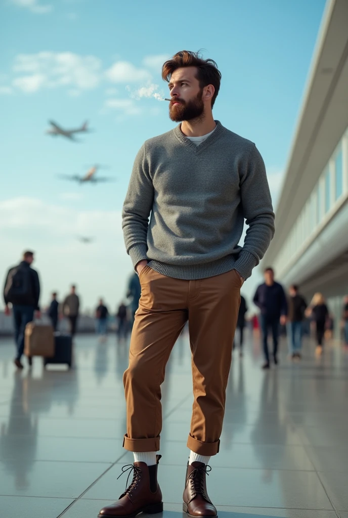 Create a picture of a young man, standing in front of an airport with a suitcase and smoking a cigarette. It should be ca. Be 180cm tall with brown hair and a short brown beard, blue eyes, a grey wool collar sweater, long trousers, white socks and Chelsea boots