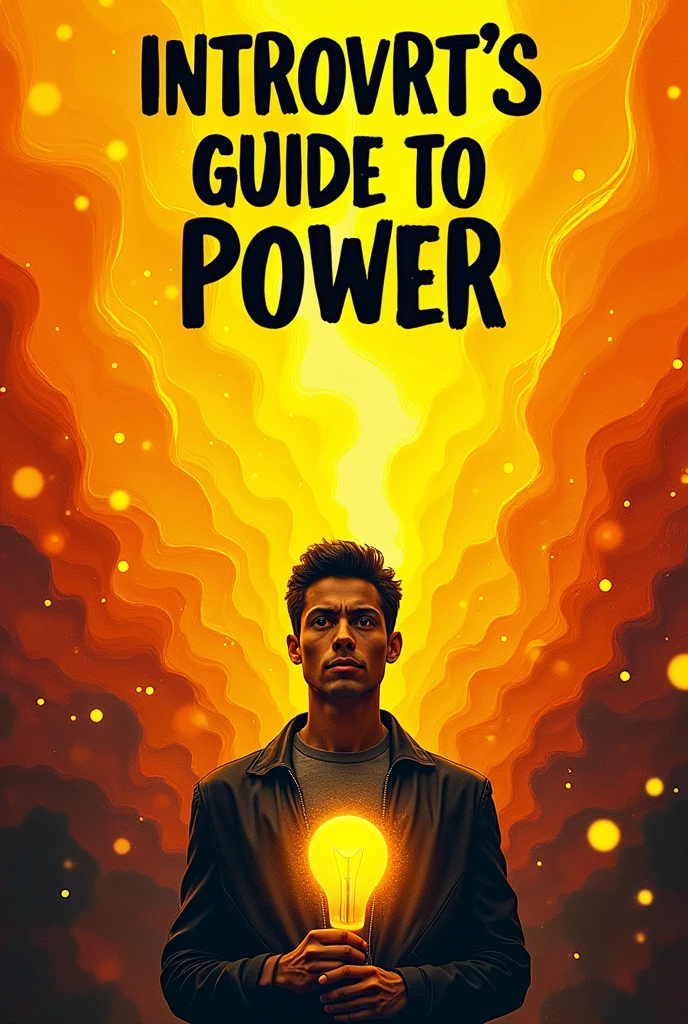 Color: A dynamic blend of bright yellows and oranges to represent energy, with a gradient to darker shades in the corners to draw focus.Text: "Introvert's Guide to Power" in a bold, black font with a yellow outline.Face Expression: A calm, focused person in the foreground, with a determined expression, standing out in a crowd of blurred, indistinct faces.Key Elements: The person should be holding a glowing object (e.g., a light bulb or book) close to their chest, symbolizing their inner strength.