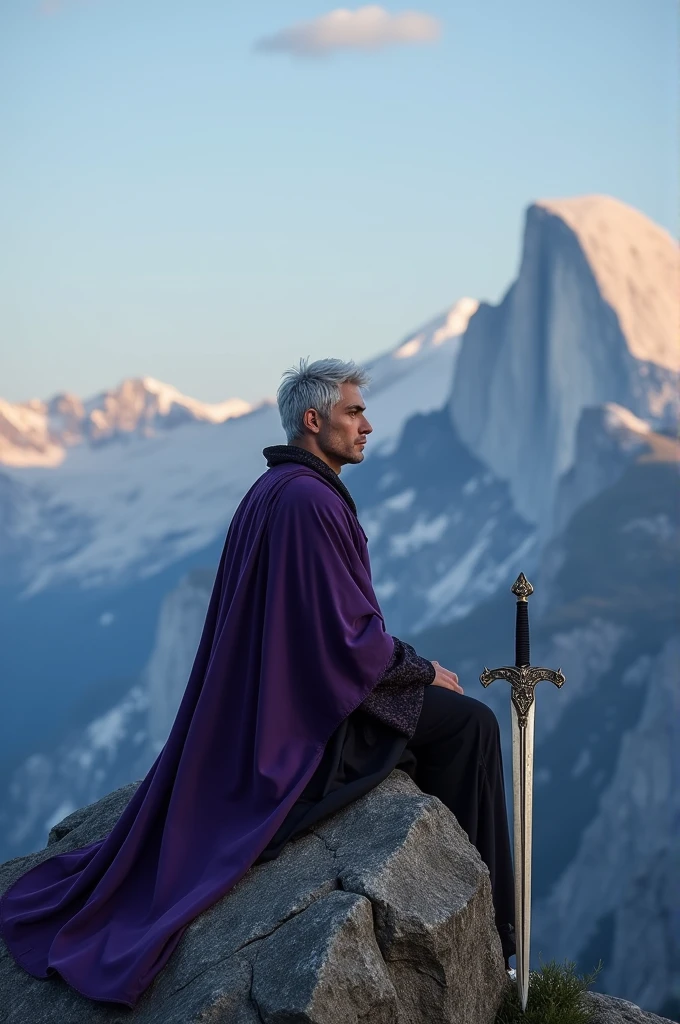 A man with silver hair wearing a purple robe exuding an air of arrogance, calmness, dignity, and sadness was sitting cross-legged on a rock on the mountain, his eyes looking into the distance as if he was waiting for something for a long time. Next to him was an ancient sword that seemed to have been with the old man for a long time.