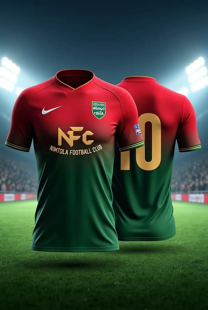 Make a Jersey red & green combination. Add logo text is NFC & slogan is NIMTOLA FOOTBALL CLUB front view & back view 10 & NIMTOLA FOOTBALL CLUB
Front view & back view full view of Jersey