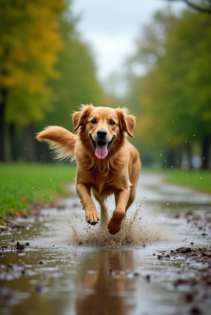 dog runni5im ground with raining