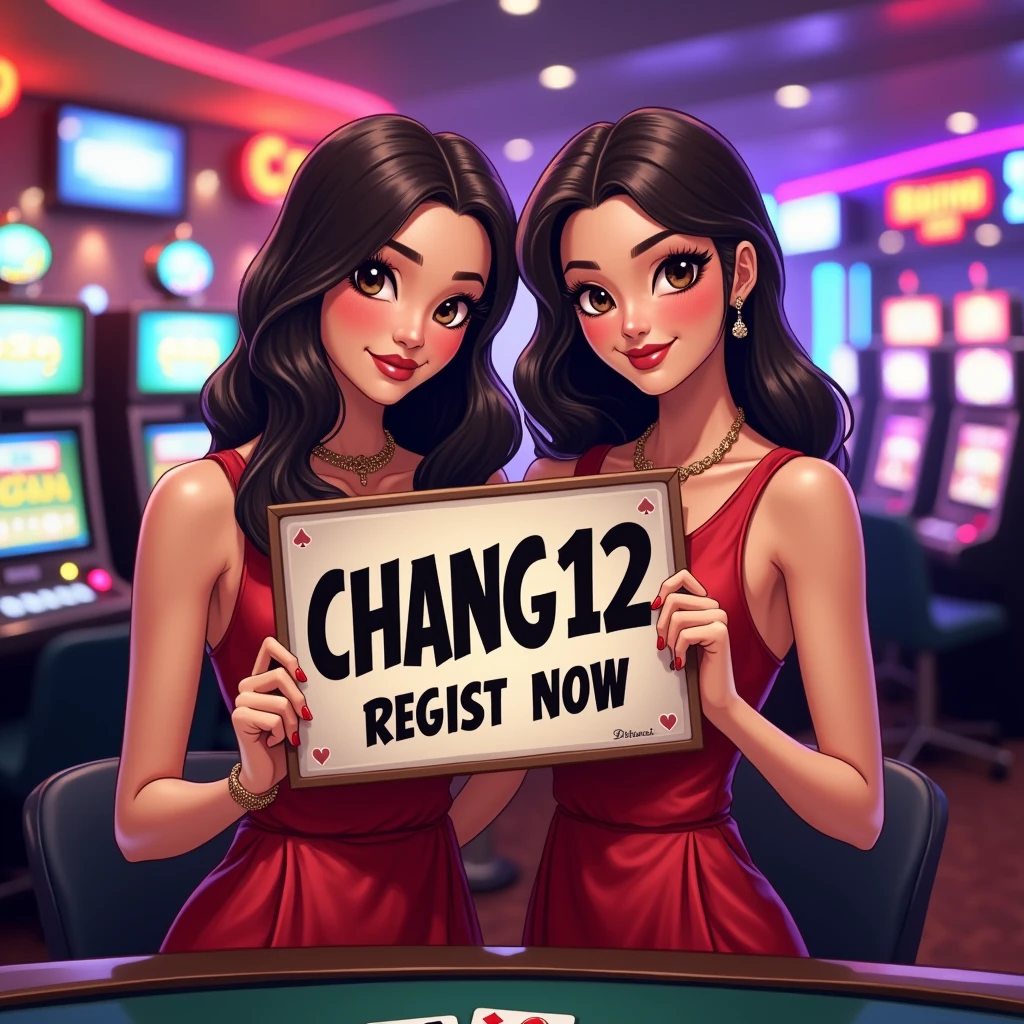a beautiful elegant two thailand woman wearing thailand traditional dress holding up a sign "CHANG123 REGIST NOW", close up teasing smile, happy, photorealistic, casino background, , RealCartoon face, big breast cleavage, Standing behind poker table between slot machines, Colourfull, Neon Light,