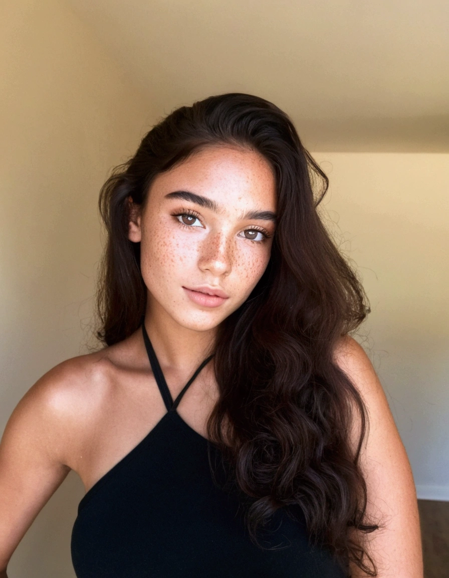 woman in a black top posing for a photo, profile picture with headshot, flawless brown skin, young man with long dark hair, 18 years old, sexy face with full makeup, sultry gaze, wavyhair, sexy face, soft freckles, rosy cheeks with natural freckles, voluminous and long eyelashes,
