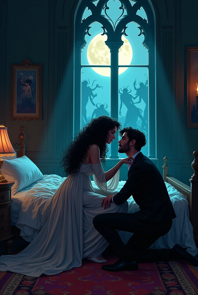 (photorealism:1.2), beautiful sly demon woman, sitting on bed, wearing loose longdress, voloumonouse long curly hair, cherismatic man on the floor on his knees for her , dark lighting, demons in background, window with moonlight, demon woman creasing the man's chin, retro anime cartoon style, intricate details, dark bright colors, by Greg Rutkowski, by Alphonse Mucha