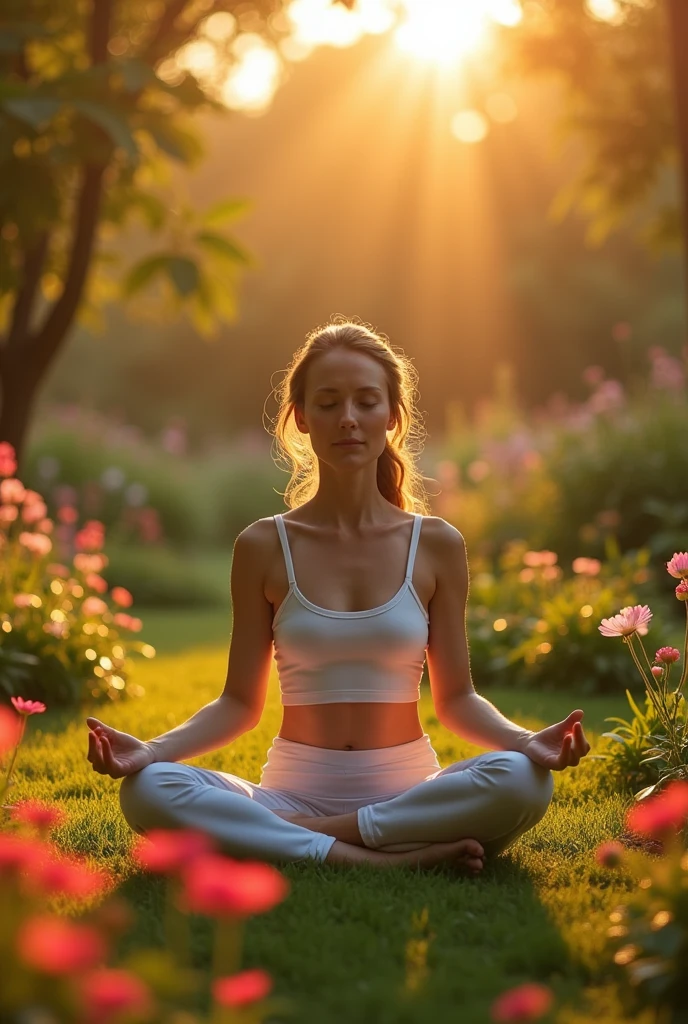 A serene person meditating in a peaceful garden at sunrise, soft lighting, warm colors, peaceful expression, yoga pose, mindfulness