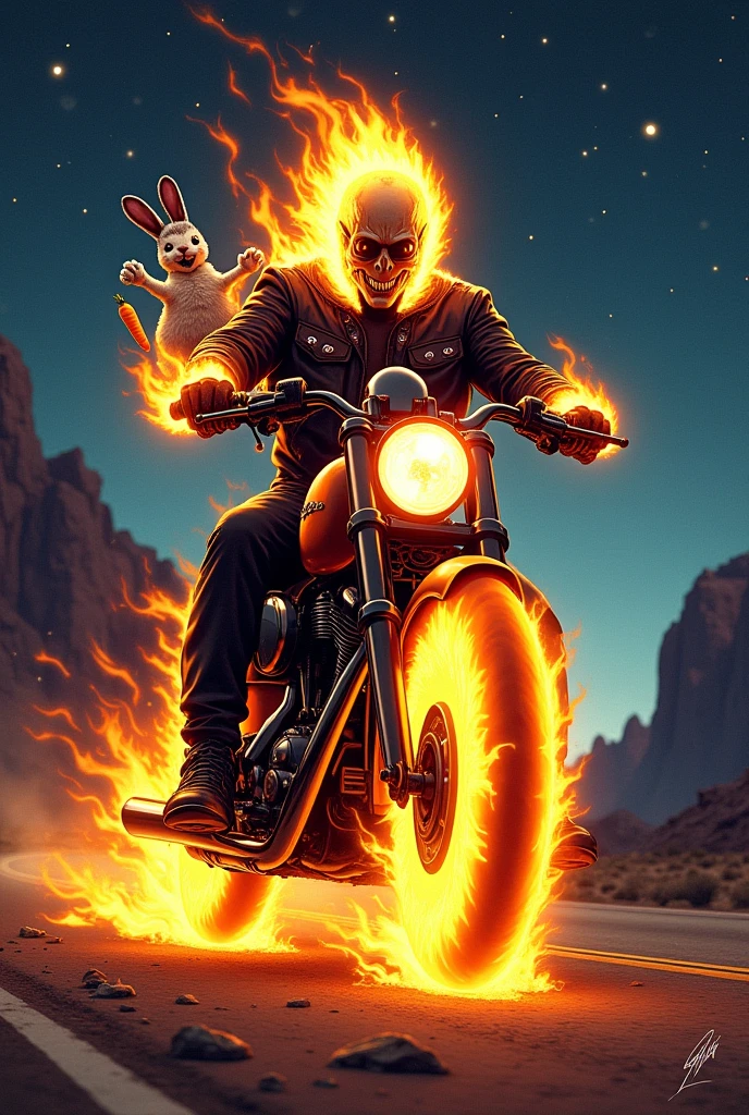 HGhost Rider rides a motorcycle with a rabbit on the back, holding a carrot. The motorcycle is on fire, but it can be driven.