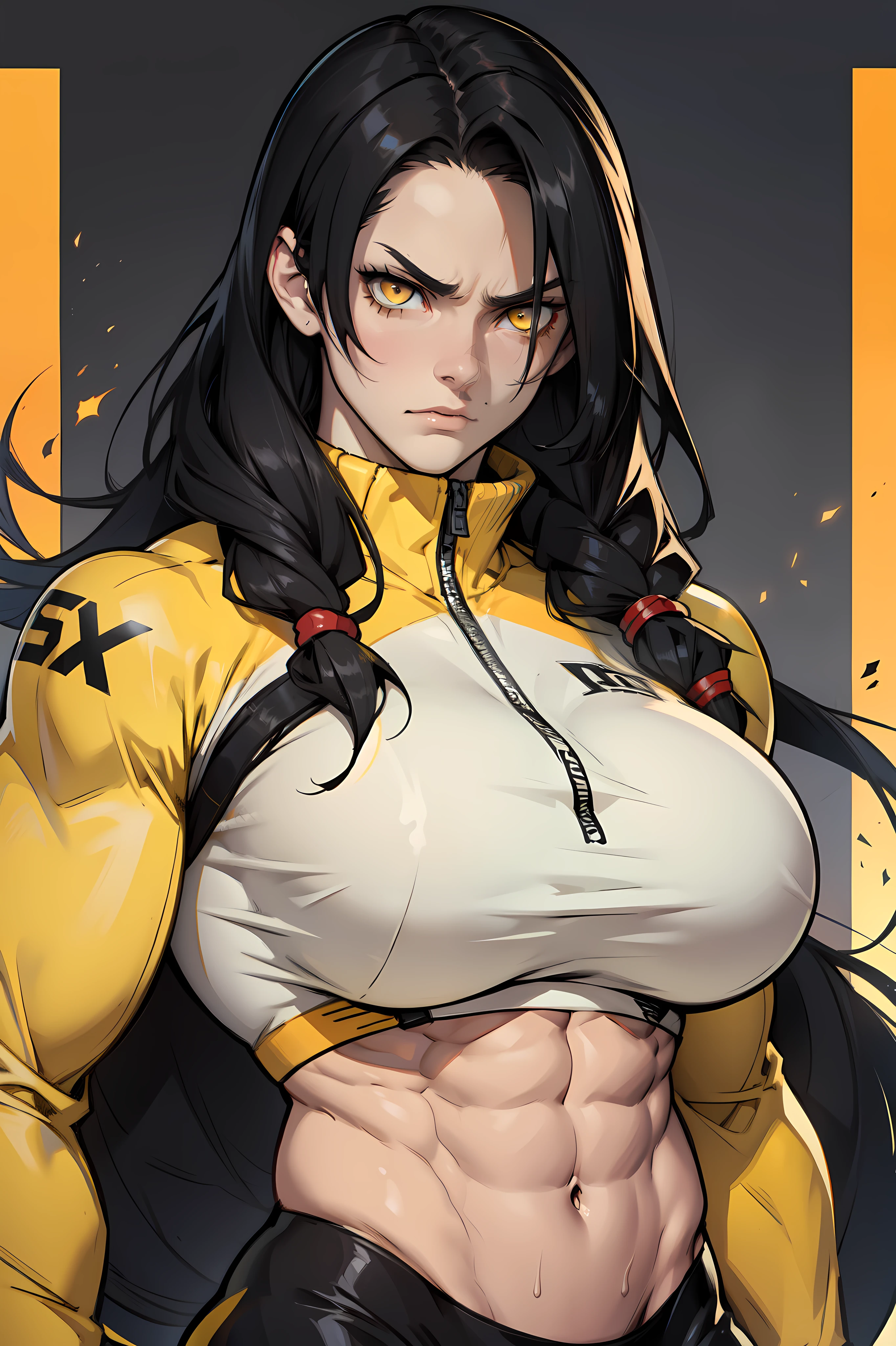 1girl black hair yellow eyes very long hair pale skin angry bodybuilder huge breasts muscular toned body long abs