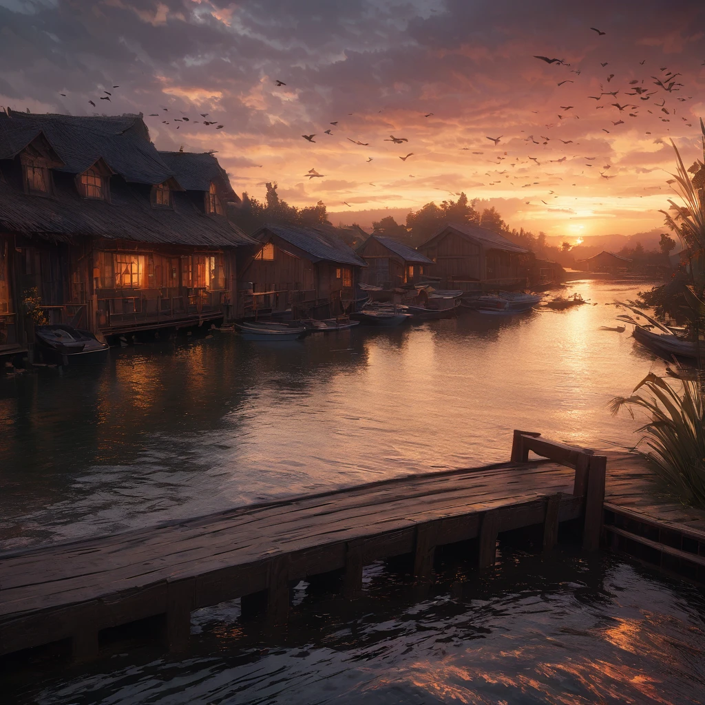 Serene oil painting of a wooden bridge at sunrise, with reeds and calm water in the foreground, hazy golden light and a flock of birds flying in the distance., etched, dark fantasy, action painting, ambient lighting, 3D modeling, material painter, with Fujifilm X-T4 Fujinon XF 56mm f/1.2 R lens , photorealistic, hyperrealistic, 4k, 3d, HDRi
