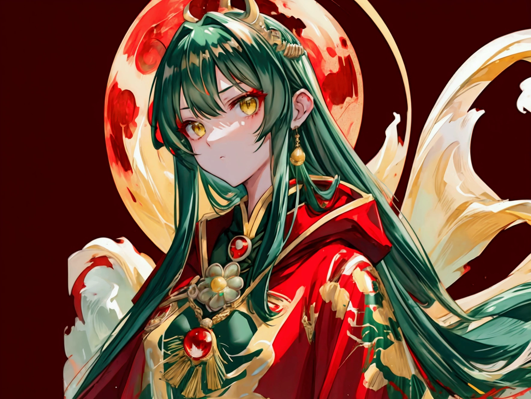 a girl with long dark green hair, yellow eyes,hair behind ear, アニメ, アニメ style, uhd, masterpiece, accurate, anatomically correct, super detail, high quality, high details, award winning, highres, best quality, 8k,Blood-red cloak，Bangs，Blood Moon in the sky，
