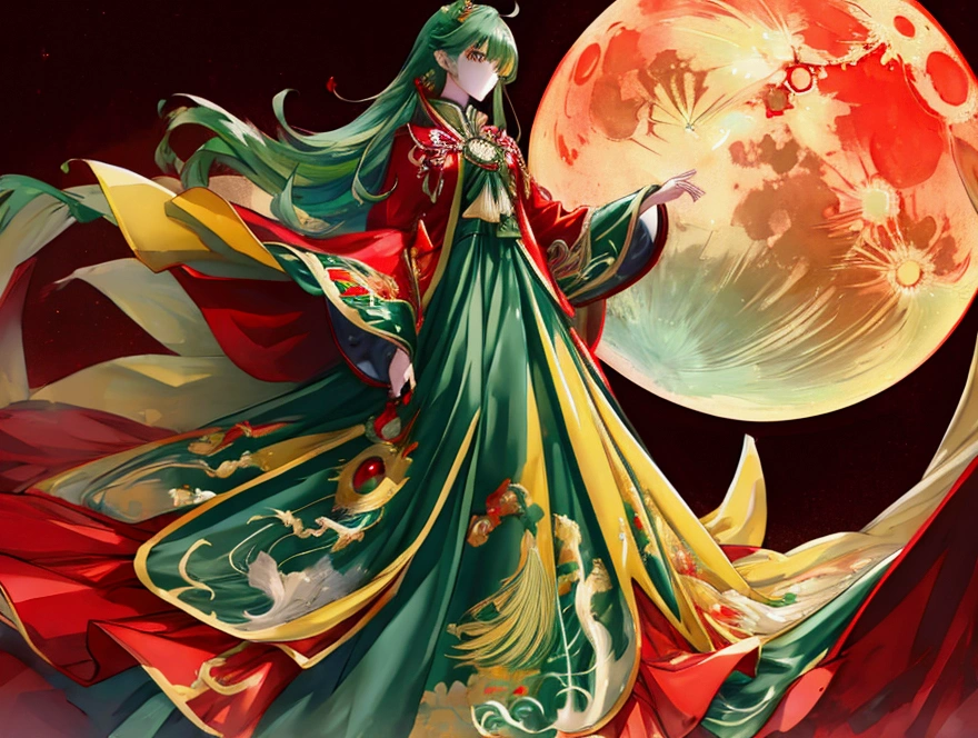 a girl with long dark green hair, yellow eyes,hair behind ear, アニメ, アニメ style, uhd, masterpiece, accurate, anatomically correct, super detail, high quality, high details, award winning, highres, best quality, 8k,Blood-red cloak,Bangs,Blood Moon in the sky,