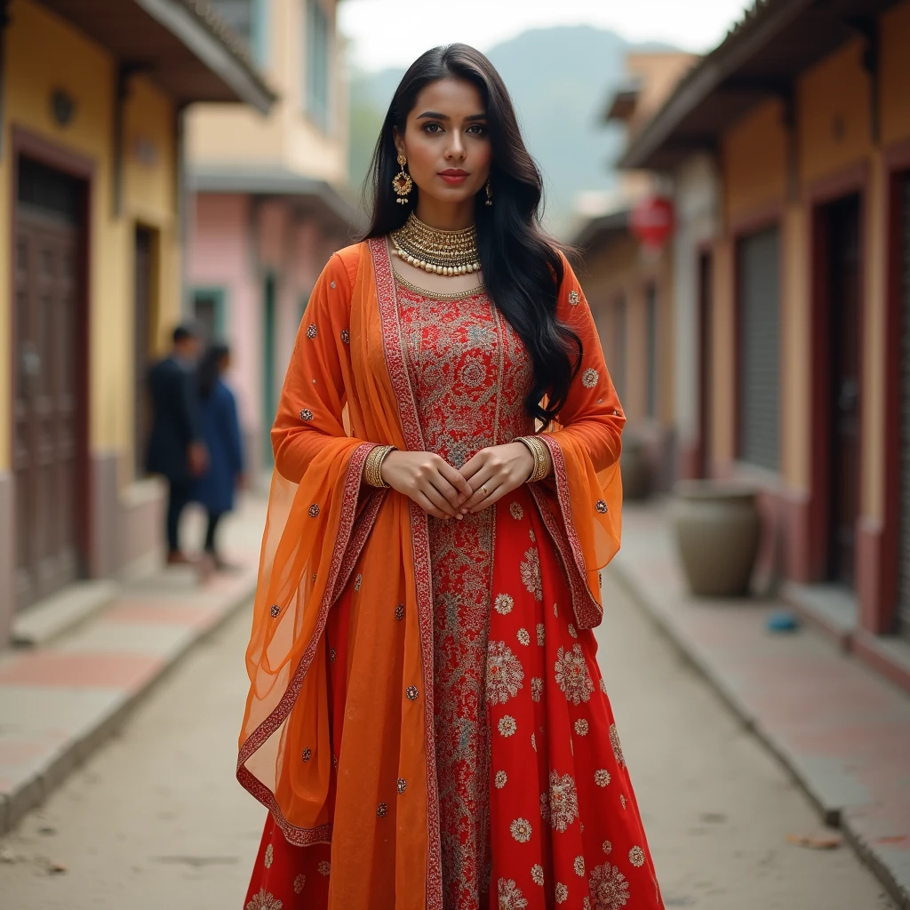 realistic photo, 25 year old indian women,((wearing a Panjabi traditional style vibrant coloursfull salwar suit)), standing a model pose,( portrait photography, background most realistic morden city,detailed face and body, natural lighting, high resolution, photorealistic, (best quality,8k,highres,masterpiece:1.2),ultra-detailed,(realistic,photorealistic,photo-realistic:1.37),realistic skin texture,detailed eyes and lips,beautiful detailed face,long eyelashes,smooth skin,natural body shape