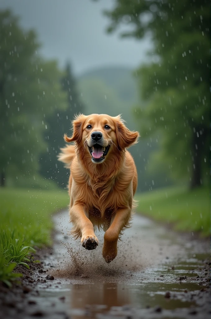 dog running in ground with raining 