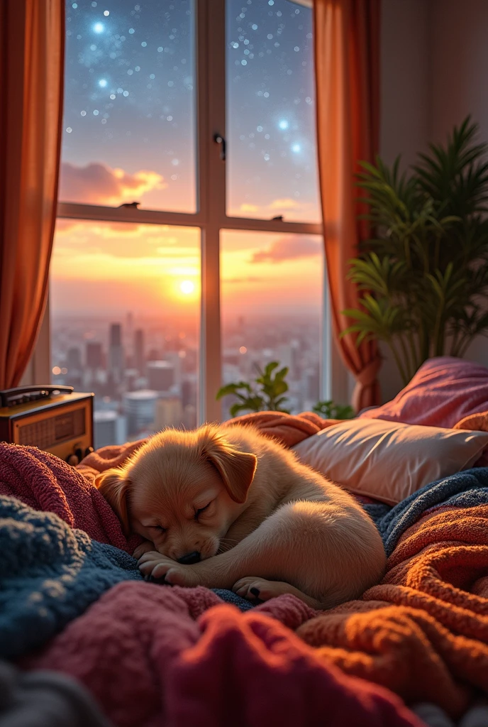 Puppy, sleeping on a bed in the city, enjoying the tranquility of music from the radio, the beautiful sky view by the window and the starry sky.