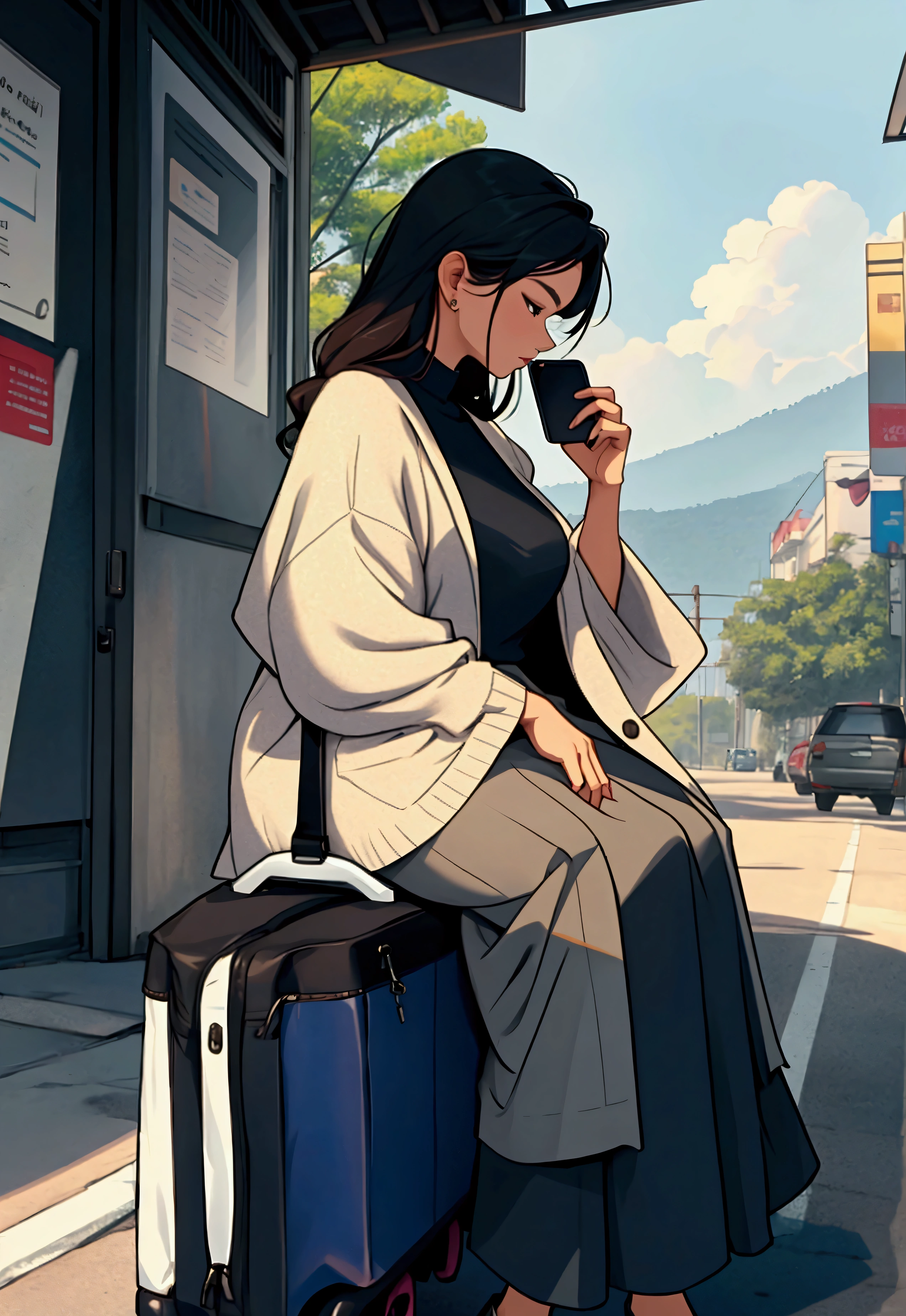 A woman using a mobile app on her phone while waiting for a vehicle.
