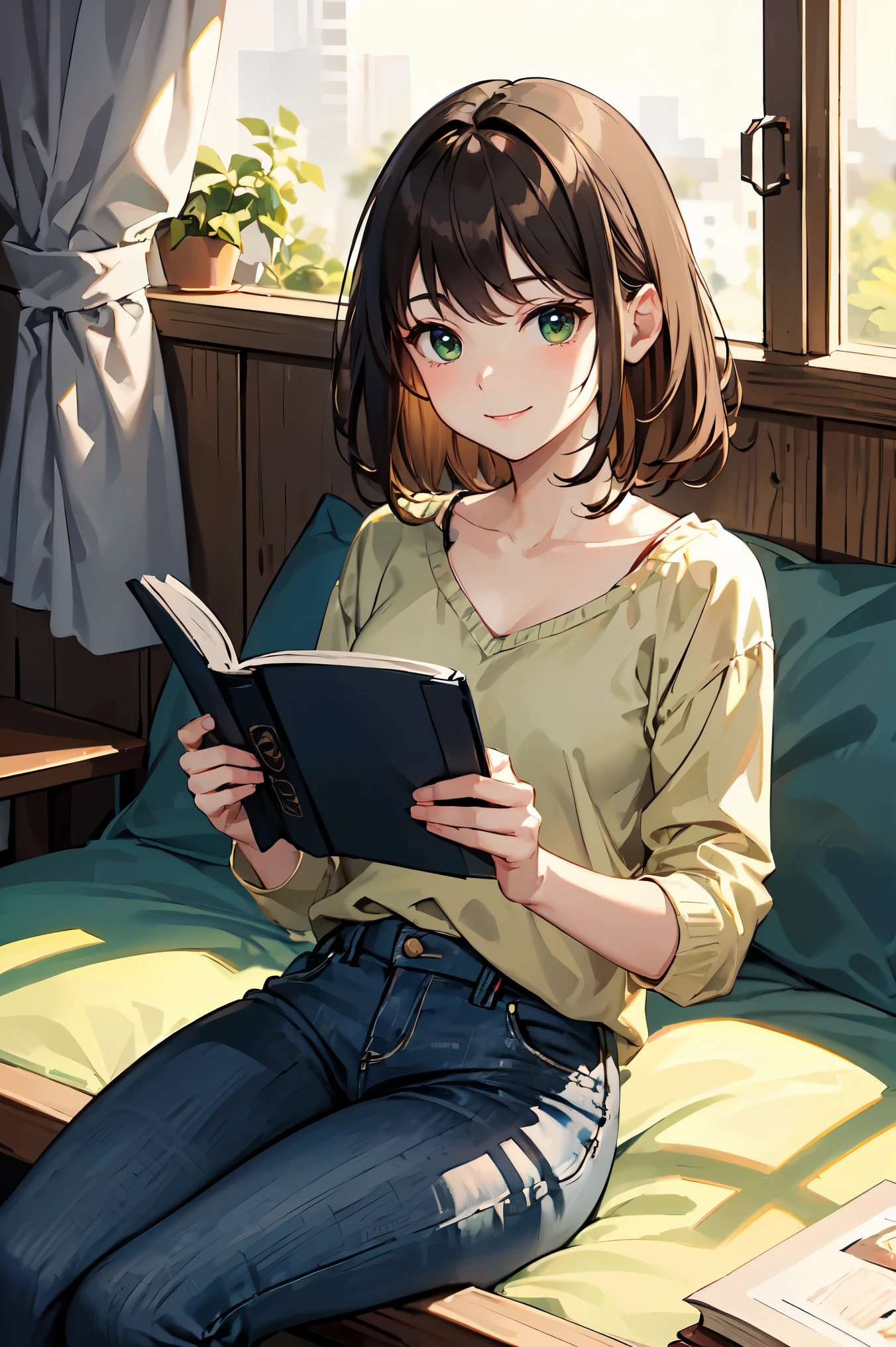 masterpiece, Highest quality, Very detailed), Portrait of an 18 year old woman with light brown hair, Green round eyes, Beige blouse and blue jeans、Smiling Blue Shorts、Reading the Brown Book - Auto Ultrarealistic -