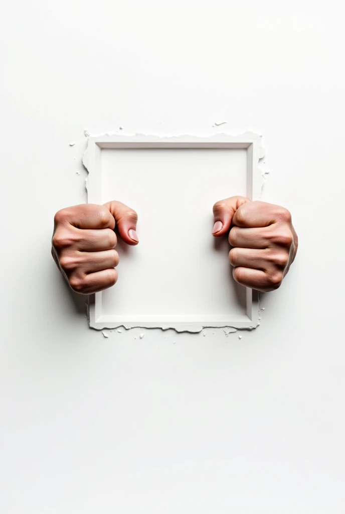 Hands in foreground squeezing an invisible rectangle, that the image is in png, that the background is white and the hands come from the sides of the image, and the invisible square that squeezes as if it wanted to crush it, that the box being squeezed is invisible, don't see