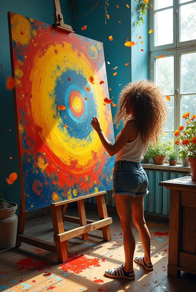 A young artist, with a radiant smile and beautiful, expressive eyes, is immersed in creating a nude masterpiece in her contemporary living room studio. The room is filled with the aroma of paint and the sound of brushes against canvas. She is dressed fashionably, her curly hair bouncing gently as she moves.
Surrounding her are an array of painting materials - brushes of various sizes, a full palette of vibrant colors, a well-worn easel, and a pristine canvas. The artist's workspace exudes a professional, yet comforting, aura, inspiring endless creativity.
With a knowledgeable understanding of human body proportions and an