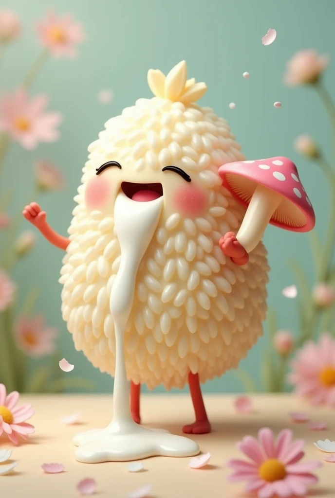 Un grain de riz avec une tête qui jouis de plaisir dont il coule plein de lait blanc et juteux de son corps d'un appendice en forme de champignon blanc et rose au milieu de son corps au milieu de ses jambes. De la bouche coule plein de jus blanc juteux