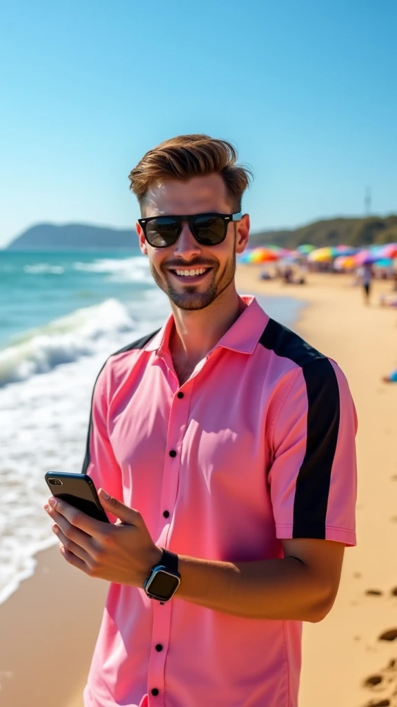  The image shows a young man taking a selfie in a sea beach . He is wearing a  black sunglasse and pink shirt with black stripes and apple smart watch and apple airpods