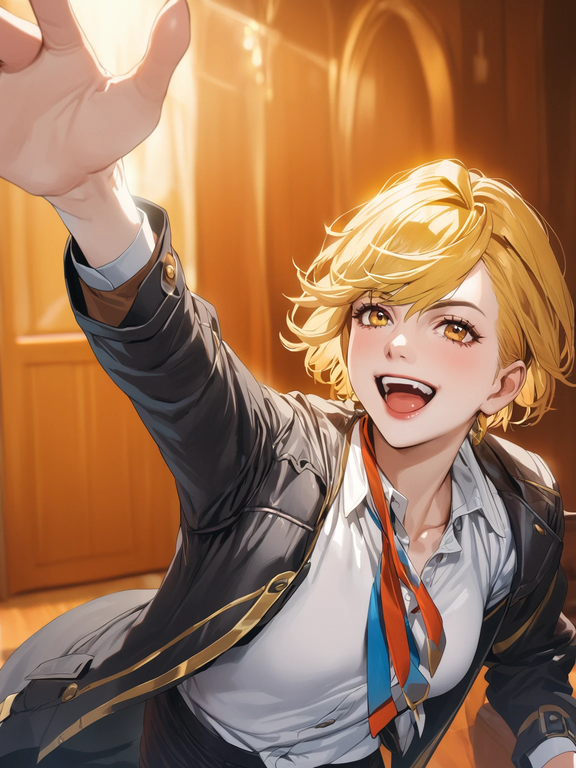 (woman), ((Don quixote from limbus company)), masterpiece, best quality, yellow hair, ((short hair)), white shirt, ((dark fullbody coat)), dark pants, yellow eyes, realistic anime style, open mouth smiling, ufotable artstyle.

