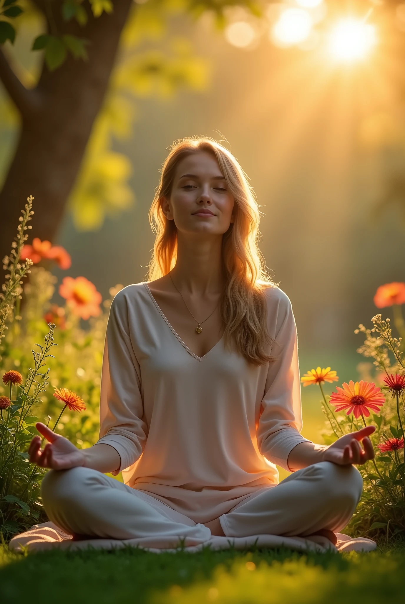 A serene person meditating in a peaceful garden at sunrise, soft lighting, warm colors, peaceful expression, yoga pose, mindfulness