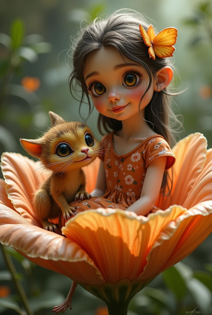 A girl sat on a giant flower. Beside her was a small magical creature, its large eyes shimmering with wisdom as it watched her closely.