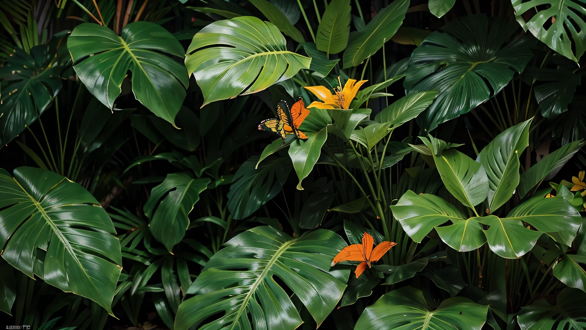 Create an image of a lush tropical forest background filled with various types of green leaves and plants. The scene should have a dense, layered arrangement of large, vibrant green leaves with different shapes and textures, including monstera, banana leaves, and other tropical foliage. The background should be deep green, enhancing the vividness of the foreground leaves. Scattered among the leaves, include small, bright yellow-orange flowers or butterflies to add a contrasting pop of color. The overall vibe should be vibrant, fresh, and full of natural energy, capturing the essence of a tropical jungle.