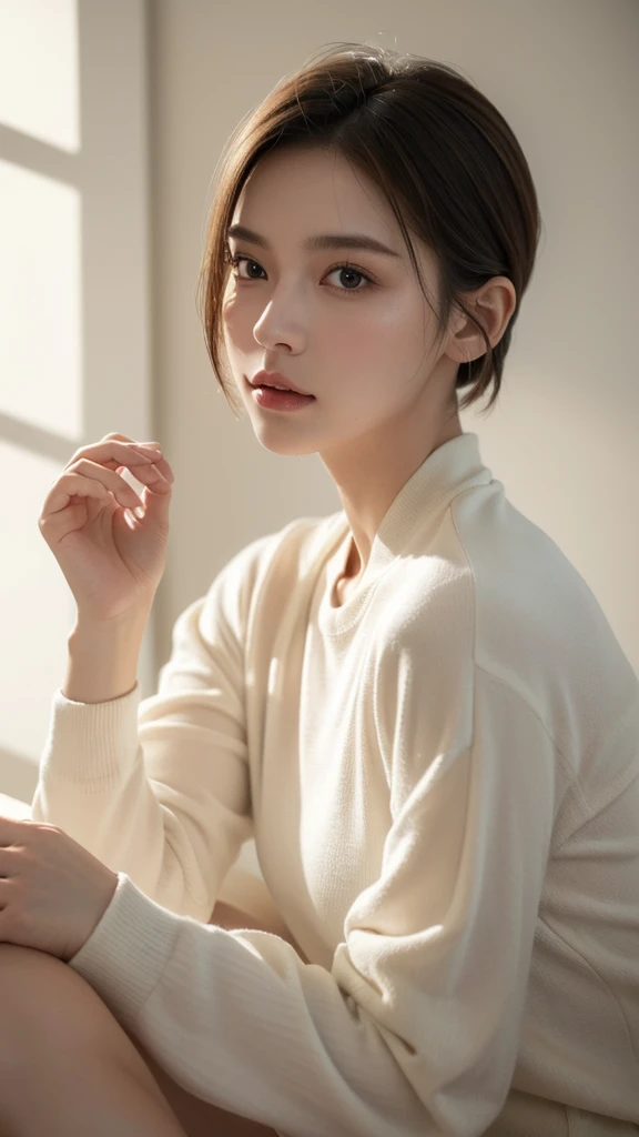 1girl, solo, white long sleeve, short hair, hair pulled back, serene expression, natural lighting, photorealistic, 8k, ultra-detailed, (best quality,4k,8k,highres,masterpiece:1.2),ultra-detailed,(realistic,photorealistic,photo-realistic:1.37), studio lighting, vivid colors, sharp focus