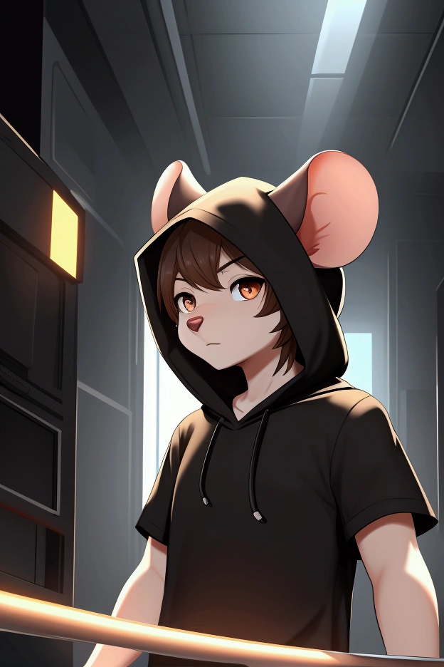 a male gamer mouse animal for vtuber, with black t-shirt and hood, The brown mouse with a white stripe in the middle, looking straight ahead