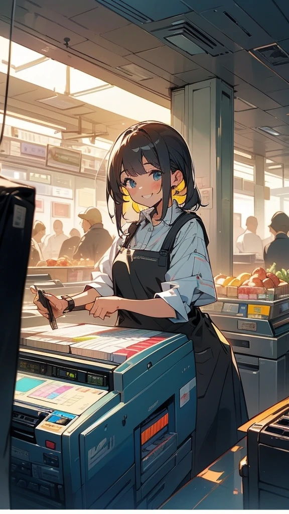 young woman,smile,((Standing inside the cash register)),Touching the cash register machine,Customer Service,((There is a cash register on the table)),(Scanning product barcodes at the cash register)),Each person has one register,Supermarket clerk,Wearing an apron,uniform,((Working as a cashier)),((There are multiple cashiers.)),((cashier,register,)),((Receive money from customers)),There are products on the shelves,In the supermarket,Bright interior,grocery store,There are customers.