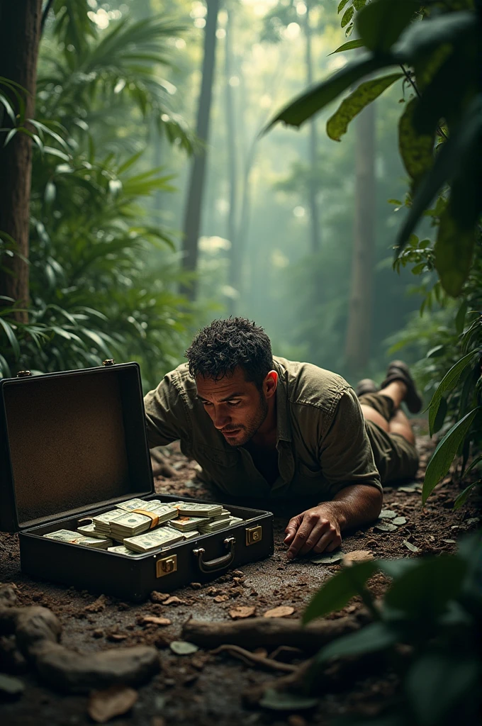Create a highly detailed and dramatic scene set deep within a dense, untamed jungle. The environment should be lush with towering trees, thick foliage, and a rich variety of greenery that stretches far into the background. The focal point of the scene is an injured man lying prone on the jungle floor. His clothing is torn and dirty, with visible cuts and bruises marking his skin, indicating a prolonged struggle for survival. The man’s expression is one of exhaustion, desperation, and determination, as he clutches an open briefcase in front of him. The briefcase is overflowing with neatly stacked bundles of cash, the crispness of the money contrasting sharply with the wild, dirty surroundings. The man’s outstretched hand grips a thick jungle root or branch, his knuckles white from the effort, as if he is pulling himself forward through sheer willpower. The ground beneath him is muddy, with leaves and debris sticking to his clothes, further emphasizing the harsh conditions. Rays of sunlight pierce through the dense canopy above, casting dramatic shadows and highlights across the scene, adding depth and tension. The atmosphere should be tense, gripping, and almost cinematic, capturing the raw emotion of a man on the edge, fighting to survive against overwhelming odds. In the upper part of the image, include the text 'Survive or Die!' in bold, rugged letters that blend naturally with the jungle theme, perhaps using a textured, weathered font that feels organic to the setting. The text should be prominent but not overpowering, allowing the viewer to feel the intensity of both the man’s struggle and the hostile environment around him. Ensure the scene is composed in a way that guides the viewer’s eye from the man’s desperate expression to the briefcase full of money and then to the text above, creating a cohesive and impactful visual narrative. The overall tone should be one of survival, grit, and the relentless will to overcome. The image should be formatted to a resolut