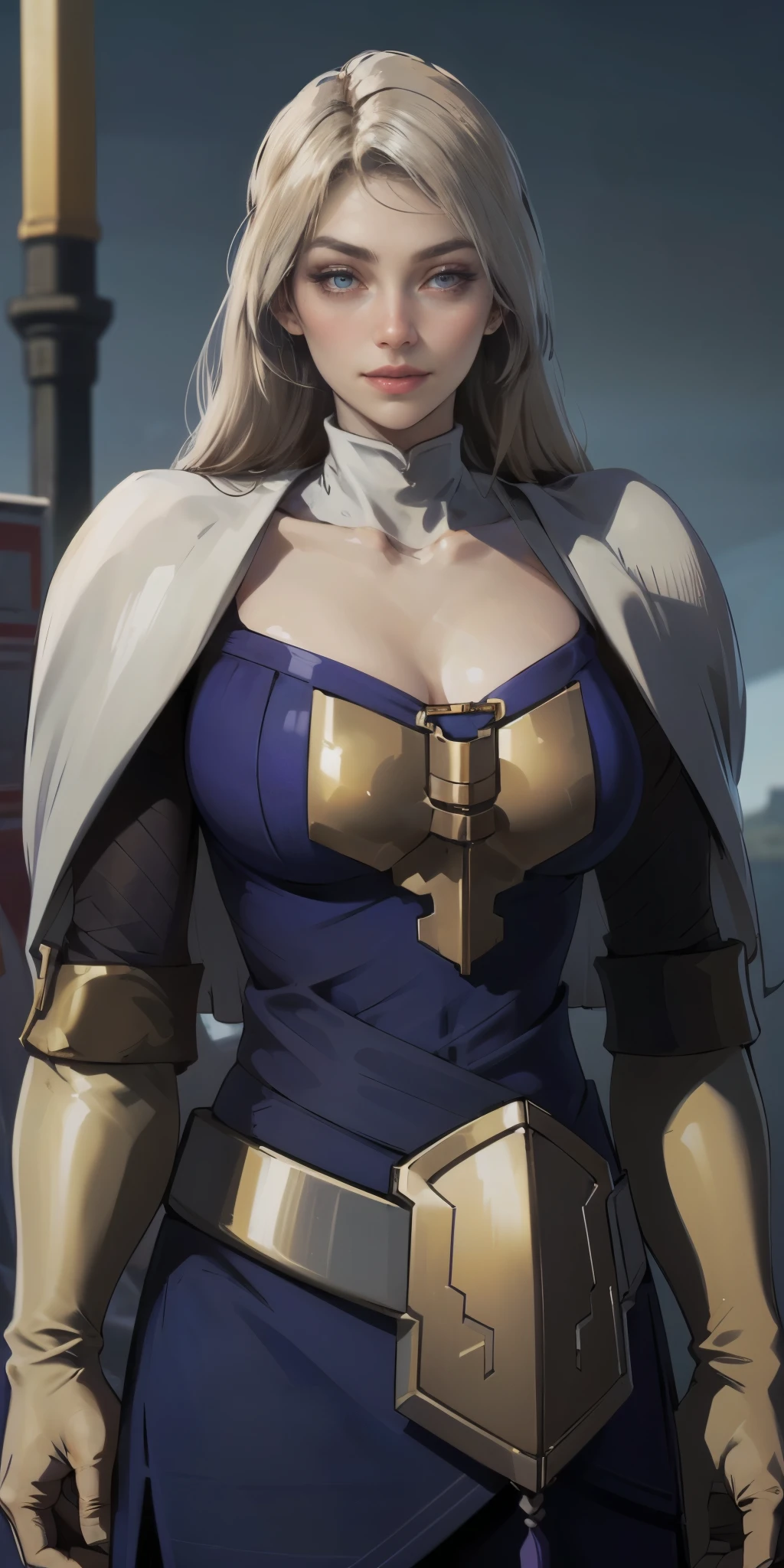 (chest covered)(smile)Gray skin, pale golden hair and violet eyes. They prefer clothing of white and silver with cloaks of deep blue or purple,village background, huge_knockers, ((very precise detailed)), ((highres)