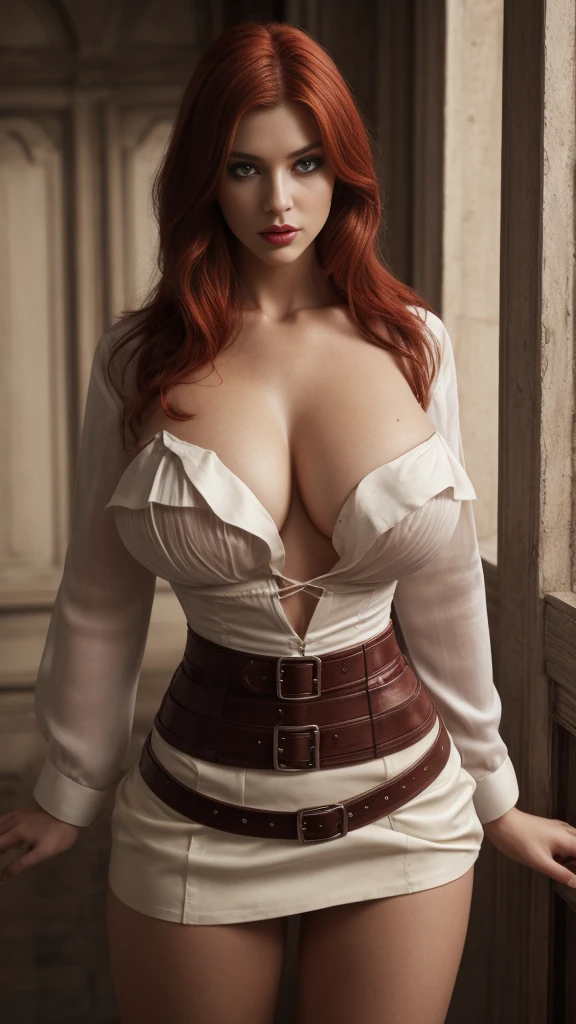 a gorgeous woman wearing a white silk shirt with a deep v neck, brown leather miniskirt, and a belt, cinched waist, photorealistic, high fashion editorial, corset, red hair, huge breasts, purple eyes, black makeup, crimson lips, looking at camera, topless