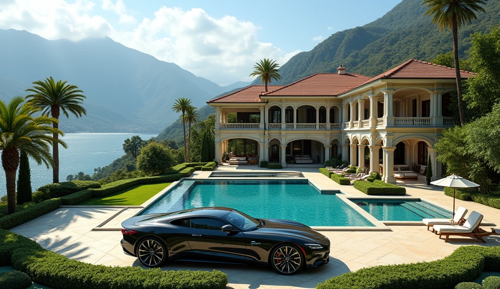 luxury mansion with a luxuary car parked in front of it, green yard with trees, behind sea and mountains, luxury pool, luxury lifestyle, luxurious environment, luxury architecture, rich, huge mansion, rich style, luxury and elite, extremely opulent, luxurious, hyper luxurious, majestic masterpiece, wealthy, luxury, stunning grand architecture, exquisite masterpiece, flaunting his wealth, inside a grand, architectural masterpiece