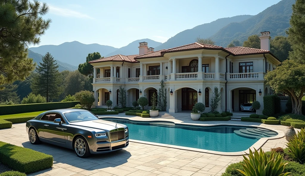 luxury mansion with a luxuary car parked in front of it, green yard with trees, behind sea and mountains, luxury pool, luxury lifestyle, luxurious environment, luxury architecture, rich, huge mansion, rich style, luxury and elite, extremely opulent, luxurious, hyper luxurious, majestic masterpiece, wealthy, luxury, stunning grand architecture, exquisite masterpiece, flaunting his wealth, inside a grand, architectural masterpiece