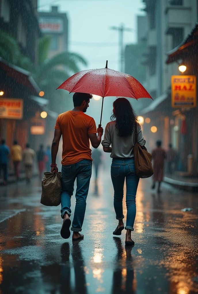 A boy age 27 from south india in andhrapradesh he wore a tshirt and jeans. A girl age 25 from north india in mumbai she wore western wear and looks very stylish and very active. Both of them are friends. they are walking in rain having umbrella they saw a  boy. The smallwore a sack. They given their umbrella to that small boy.istic, intricate details, vibrant colours.