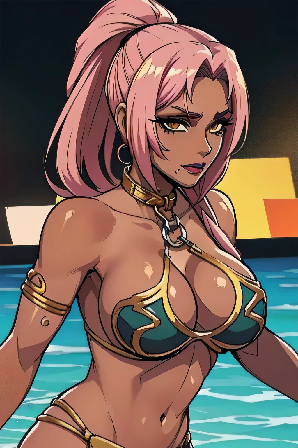 ingrid,mature female,,large breasts,(dark-skinned female:1.2), dark skin, determined, pink red hair, ponytail, hair intakes, makeup, lipstick, (mole under mouth:0.8), eyelashes, yellow eyes, looking at viewer,(You Guo),(highres, high quality:1.1), intricate details, cinematic lighting, CONCEPT_princess_leia_gold_bikini_ownwaifu,www.ownwaifu.com, pelvic curtain,cleavage,loincloth,armlet,bikini armor,collar,bracelet,bikini,gold chain,cosplay, anime style