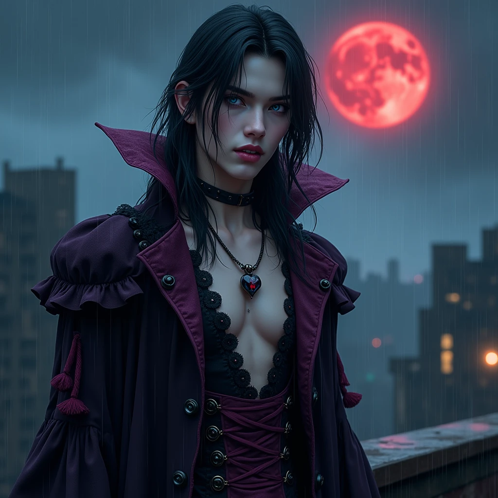 A sexy young male, long black hair, teal blue eyes. Gothic clothes. (Male) (no facial or body hair)) masterpiece, best quality, ultra-detailed, best shadow), (detailed background) (purple and black) pretty handsome. Sexy Cute. No facial hair. No body hair. Wink. Seductive. Sexy. Pale and white skin. Smirking. Anime style. Blood. Vampire. Sexy. Death note style. Pink lips. SENSUAL. Purple and black gothic frilly clothes. Long lashes. Sexy pose. Shiny. Vampire Prince. Seductive. Male. Shiny. Long boots. Delicate facial features. Kiss. Red moon. Fangs. Sexy male. Angelic facial features. Male. Make it male. Sexy pose. Blood pouring down from the sky. It's raining blood. Thunder. Red. On the rooftop.
🥺