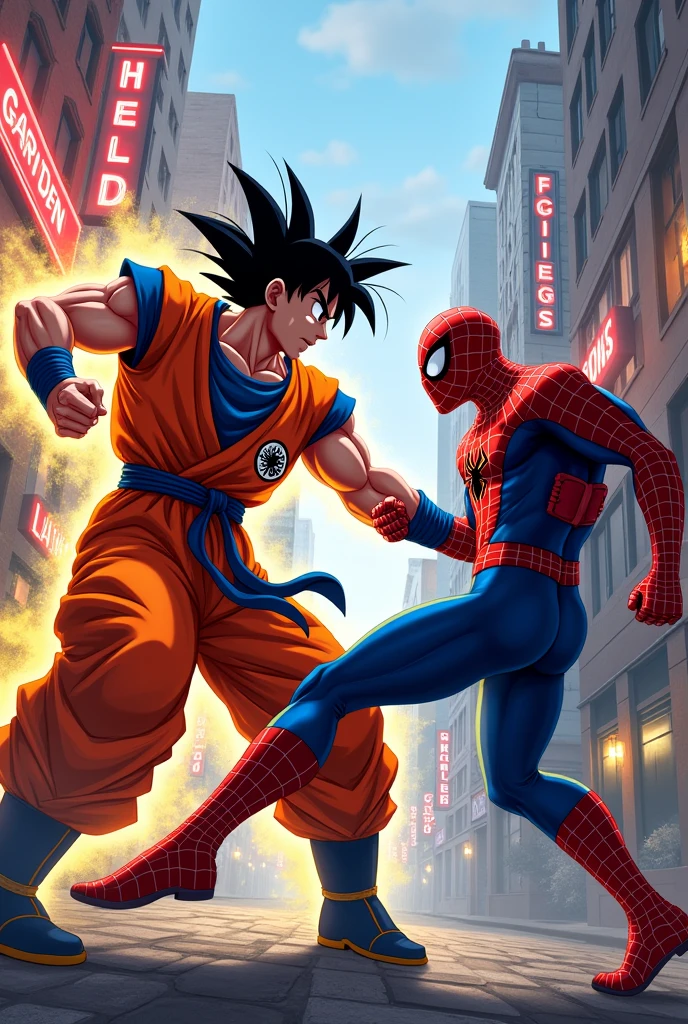 Image of goku and spiderman fighting each other in the design style and world of the game street fighter